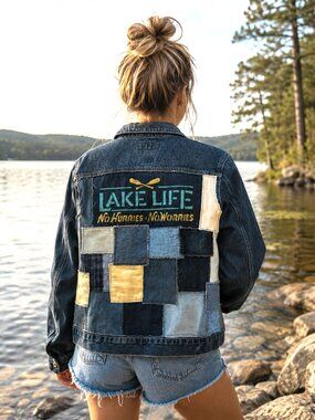 Upcycled Denim Patch Jacket, Lake Life Theme Patchwork Jean Coat Women’s Large